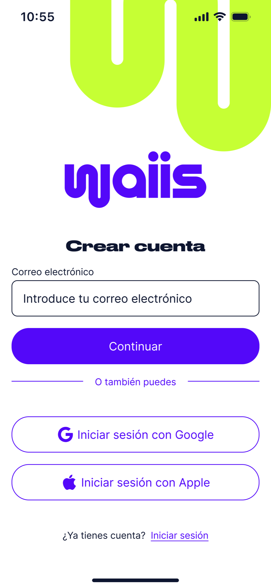 Pantalla de registro WAIIS — alta del empleado con email corporativo, Microsoft o Apple.