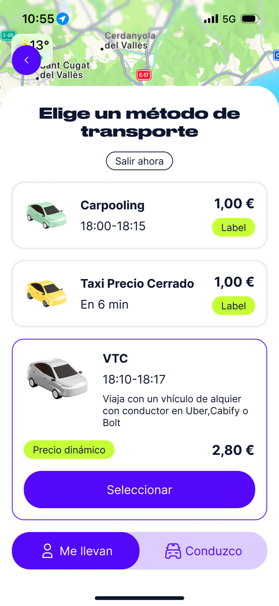 Multimodal — carpooling, lanzadera corporativa o taxi en el mismo flow.