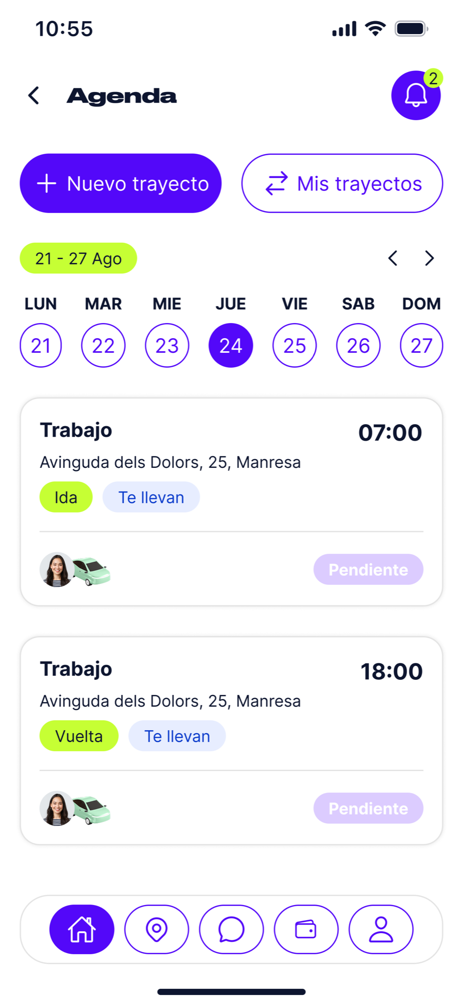 Agenda diaria del empleado con trayectos a la oficina.