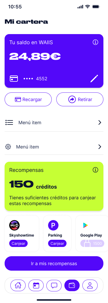 Mi cartera WAIIS — saldo, créditos y recompensas canjeables.
